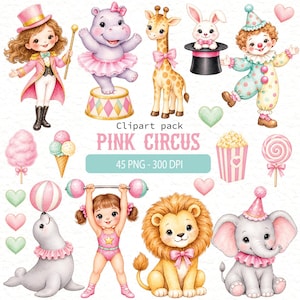 Puede incluir: Una colección de imágenes prediseñadas digitales con temática de circo que incluye un maestro de ceremonias, un hipopótamo con tutú, una jirafa, un conejo en un sombrero de copa, un payaso, una foca, un león, un elefante, palomitas y piruleta.