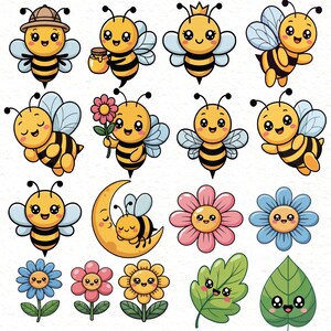 May include: A collection of cartoon bees and flowers in various poses. The bees are yellow and black with blue wings, some wearing hats or carrying honey. The flowers are pink, yellow, and blue with smiling faces. A crescent moon with a sleeping bee is also featured.