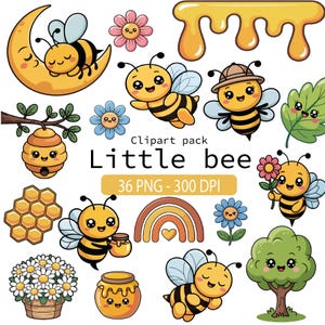 May include: A collection of cute cartoon bee-themed clip art. The illustrations include bees, flowers, honey, a rainbow, and a smiling moon. The text "Little bee" and "36 PNG - 300 DPI" are also present.