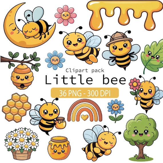 Kawaii Little Bee Clipart Set | Cute Bee PNG | Honey Watercolor Clip Art | Sweet Bumble Bee Digital Download | Cute Bee Stickers for Crafts