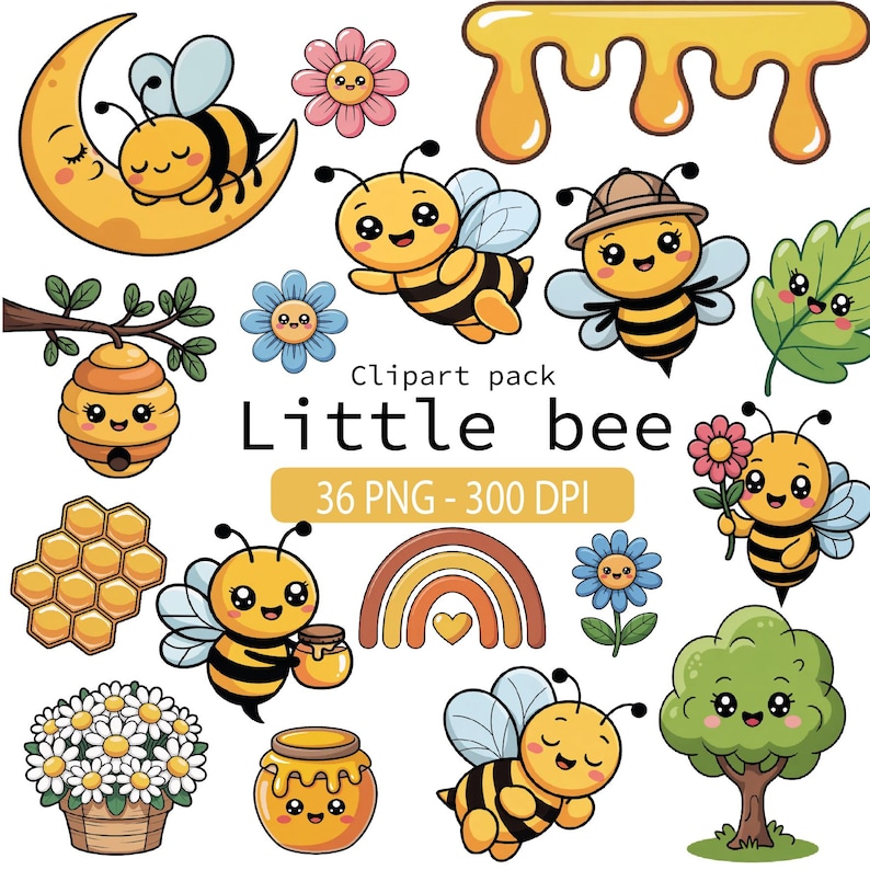 May include: A collection of cute cartoon bee-themed clip art. The illustrations include bees, flowers, honey, a rainbow, and a smiling moon. The text "Little bee" and "36 PNG - 300 DPI" are also present.