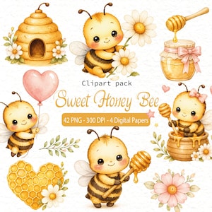 Może przedstawiać: Cyfrowy pakiet clipartów z akwarelowymi ilustracjami pszczół, plastrów miodu, słoików z miodem i stokrotek. Tekst głosi: Clipart pack, Sweet Honey Bee, 42 PNG - 300 DPI - 4 Digital Papers. Grafiki przedstawiają pszczoły z miodownikami i balonami.