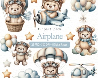 Paquete de imágenes prediseñadas de osos aviadores – Oso de peluche en acuarela PNG | Sublimación para baby shower | Decoración de guardería | Imágenes prediseñadas de bebés viajeros