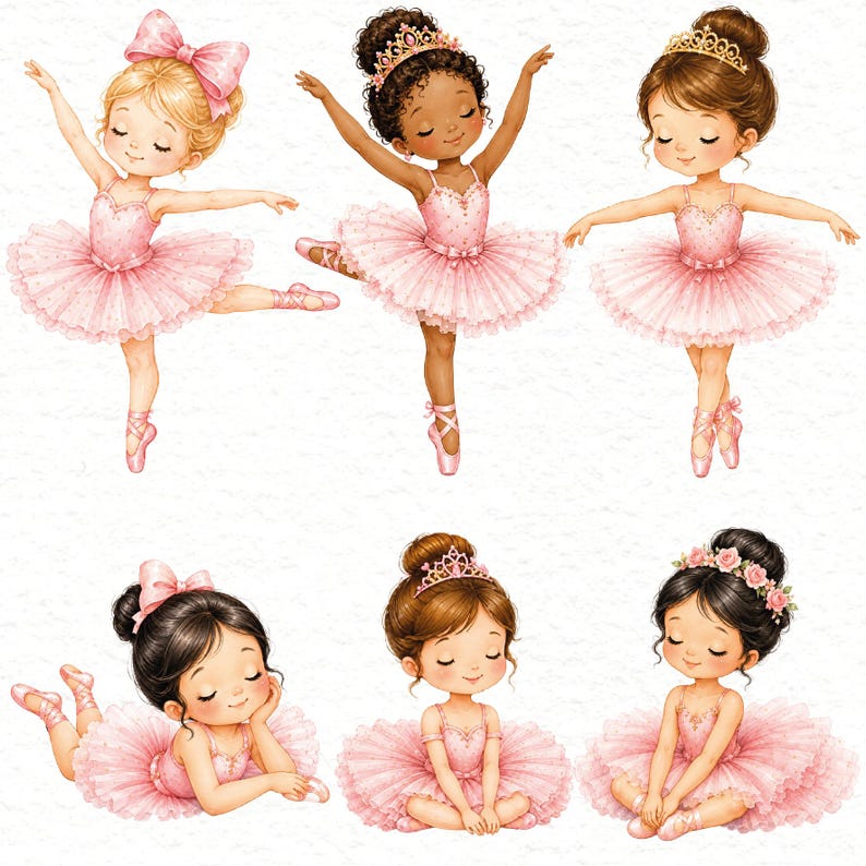 May include: Six watercolor-style illustrations of young dancers wearing pink tutus and ballet slippers. The figures feature various hairstyles, including buns and bows, with some wearing tiaras or floral headpieces, posed in different ballet positions.