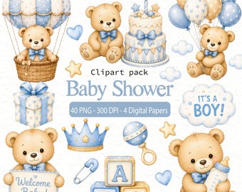 Baby Shower Boy Clipart Bundle PNG | Teddy Bear Watercolor Clipart | Blue Baby Shower Digital Kit | Nursery Animals | Baby Boy PNG