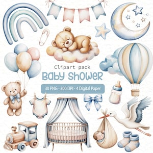 Baby Shower Boy Clipart Set | Blue Watercolor Baby Clip Art | Newborn PNG Bundle | Cute Baby Elements | Digital Download
