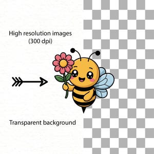 May include: A cartoon illustration of a smiling bee holding a pink flower with a yellow center. The bee has black and yellow stripes, blue wings, and black antennae. Text on the left says "High resolution images (300 dpi)" and "Transparent background".