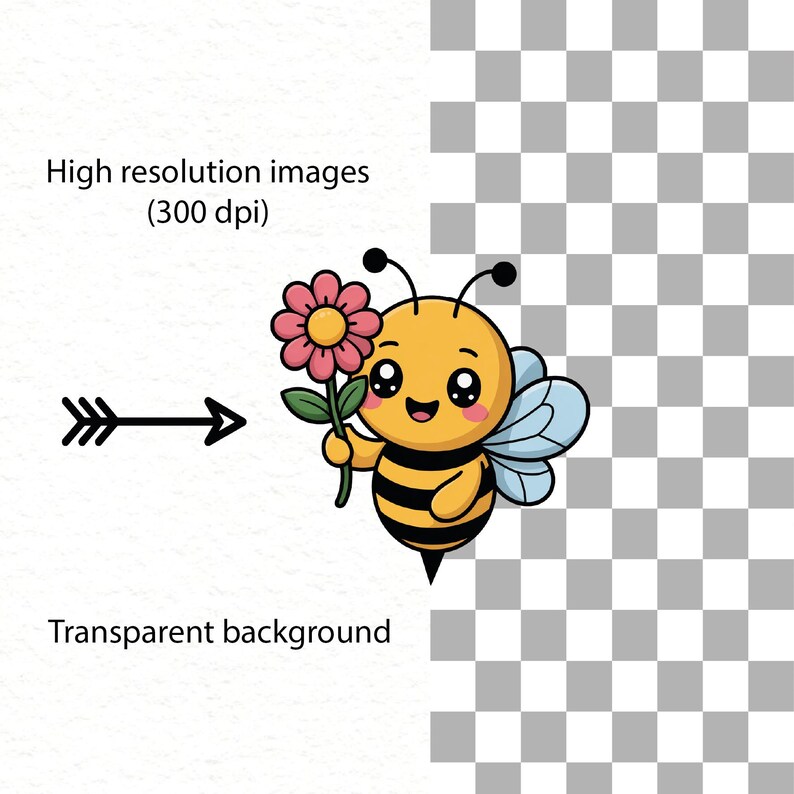 May include: A cartoon illustration of a smiling bee holding a pink flower with a yellow center. The bee has black and yellow stripes, blue wings, and black antennae. Text on the left says "High resolution images (300 dpi)" and "Transparent background".