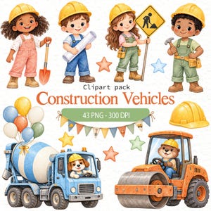 Könnte beinhalten: Ein Clipart-Paket mit vier Kindern in gelben Bauhelmen, einem blauen Betonmischer mit Hund, einer orangefarbenen Straßenwalze mit Otter, Luftballons, einer Wimpelkette und Sternen. Der Text lautet Clipart pack Construction Vehicles 43 PNG - 300 DPI.