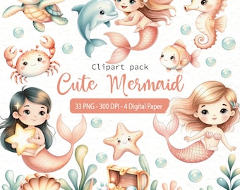 Pode incluir: Uma coleção de ilustrações em aquarela com sereias e criaturas marinhas. A imagem inclui uma sereia, um golfinho, um cavalo-marinho, um peixe, um caranguejo, uma tartaruga, uma estrela do mar, um baú do tesouro e bolhas. O texto diz "Clipart pack" e "Cute Mermaid".