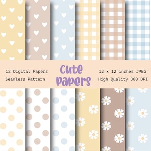 Pode incluir: Uma coleção de 12 papéis digitais com vários padrões, incluindo corações, xadrez vichy, bolinhas e margaridas. Os papéis medem 30,48 cm x 30,48 cm e são de alta qualidade, 300 DPI. O texto "Cute papers" é exibido em roxo.