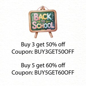 Puede incluir: Una pizarra de estilo acuarela con las palabras "BACK TO SCHOOL" en letras coloridas. El letrero est&aacute; sobre un peque&ntilde;o caballete de madera. La imagen tambi&eacute;n incluye texto sobre descuentos.