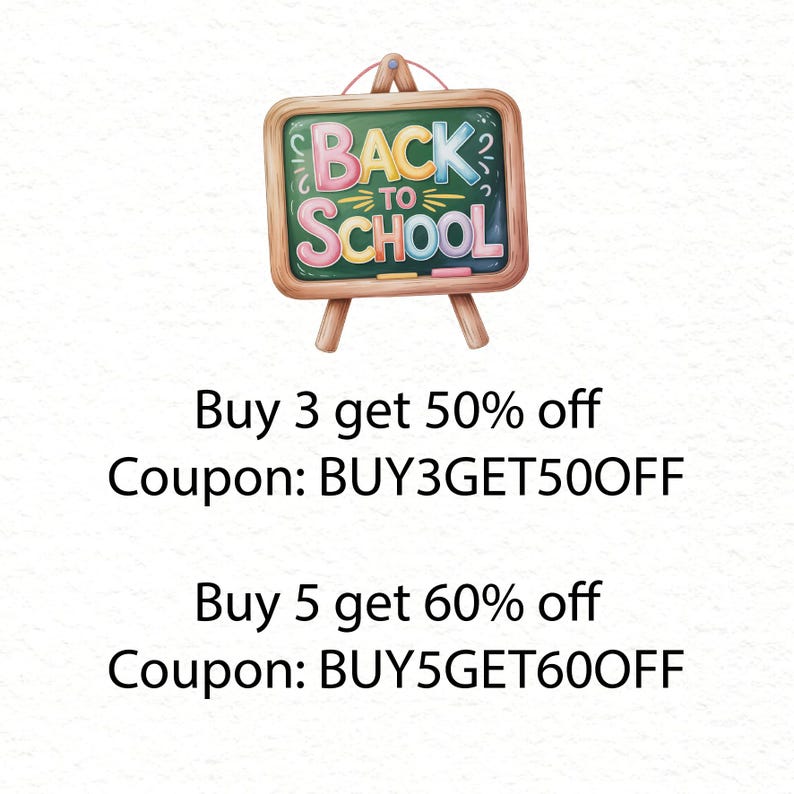 Puede incluir: Una pizarra de estilo acuarela con las palabras "BACK TO SCHOOL" en letras coloridas. El letrero est&aacute; sobre un peque&ntilde;o caballete de madera. La imagen tambi&eacute;n incluye texto sobre descuentos.