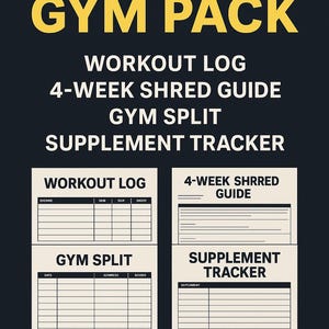 Könnte beinhalten: Schwarze Grafik mit gelbem Text „ULTIMATE GYM PACK“. Darunter stehen die Wörter „WORKOUT LOG“, „4-WEEK SHRED GUIDE“, „GYM SPLIT“ und „SUPPLEMENT TRACKER“. Vier separate Trainings-Tracker sind sichtbar.
