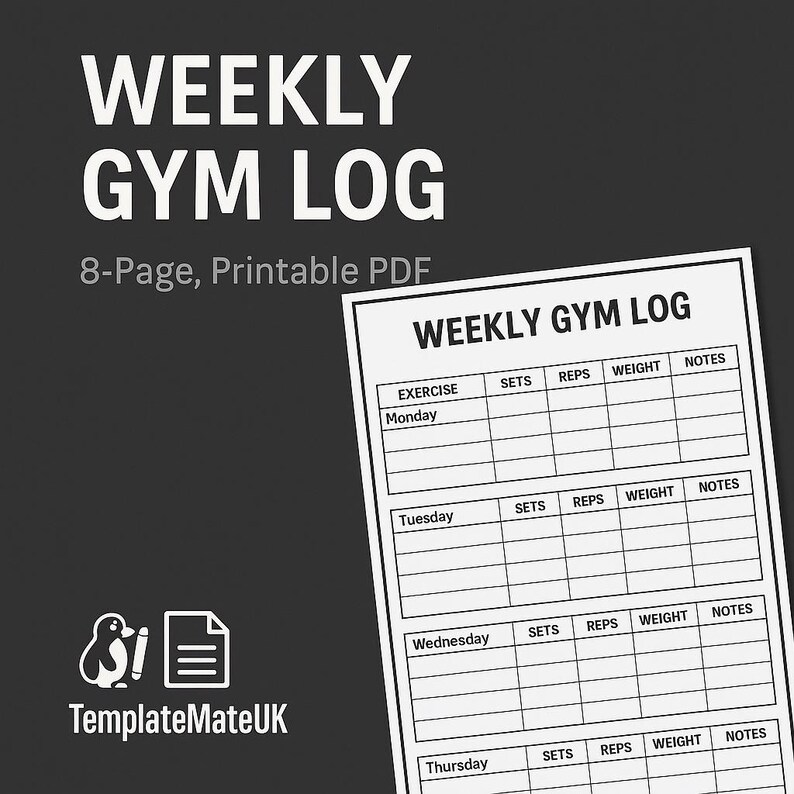 8-page Weekly Gym Log | Printable Workout Tracker for Reps, Weight ...