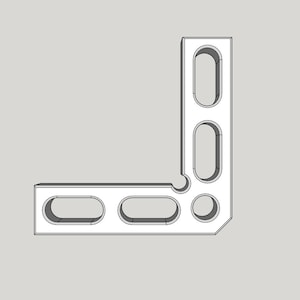 May include: A white, right-angle metal bracket with rounded rectangular and circular cutouts. The bracket is designed with a 90-degree angle, commonly used in construction and woodworking for joining two surfaces at a right angle.