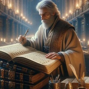 May include: An illustration depicting a man writing in a large book, with the text "Essential Bible Study Resources: A Guide for Christians". The scene is set in a library with books and writing implements.