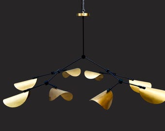 8 light Brass chandelier 1950&#39;s Mid Century Stilnovo Style 8 Arm Curved Disk Shade Branch Sputnik Light Fixture Brushed Brass Chandelier