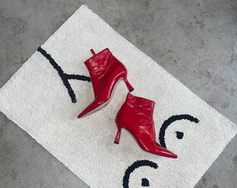 Glossy Lipstick Red Patent Leather Pointed Toe Flared Heel Designer Ankle Booties