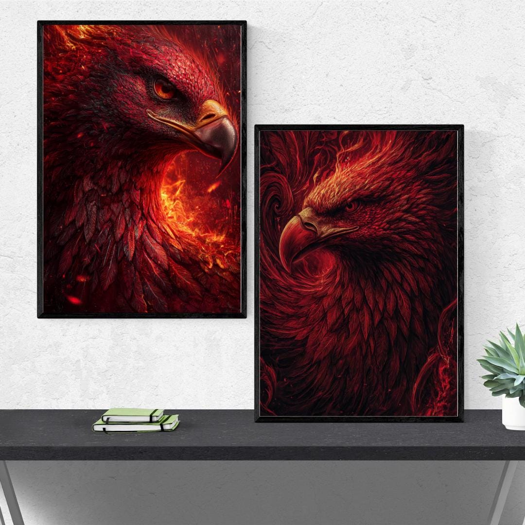 Fiery Phoenix Wall Art Set of 2 – Mystical Fire Bird Posters, Red ...
