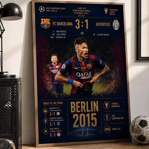 May include: Framed poster commemorating the UEFA Champions League Final 2014/15, with a score of 3:1 between FC Barcelona and Juventus. Features player Neymar Jr. and the text "BERLIN 2015".