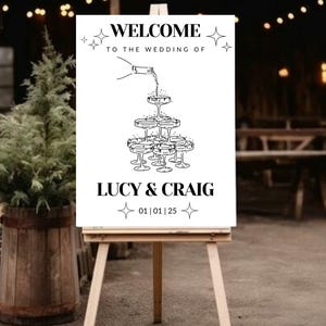 Modern Champagne Tower Wedding Welcome Sign | Editable Printable Template | Black and White Wedding Decor | Instant Download