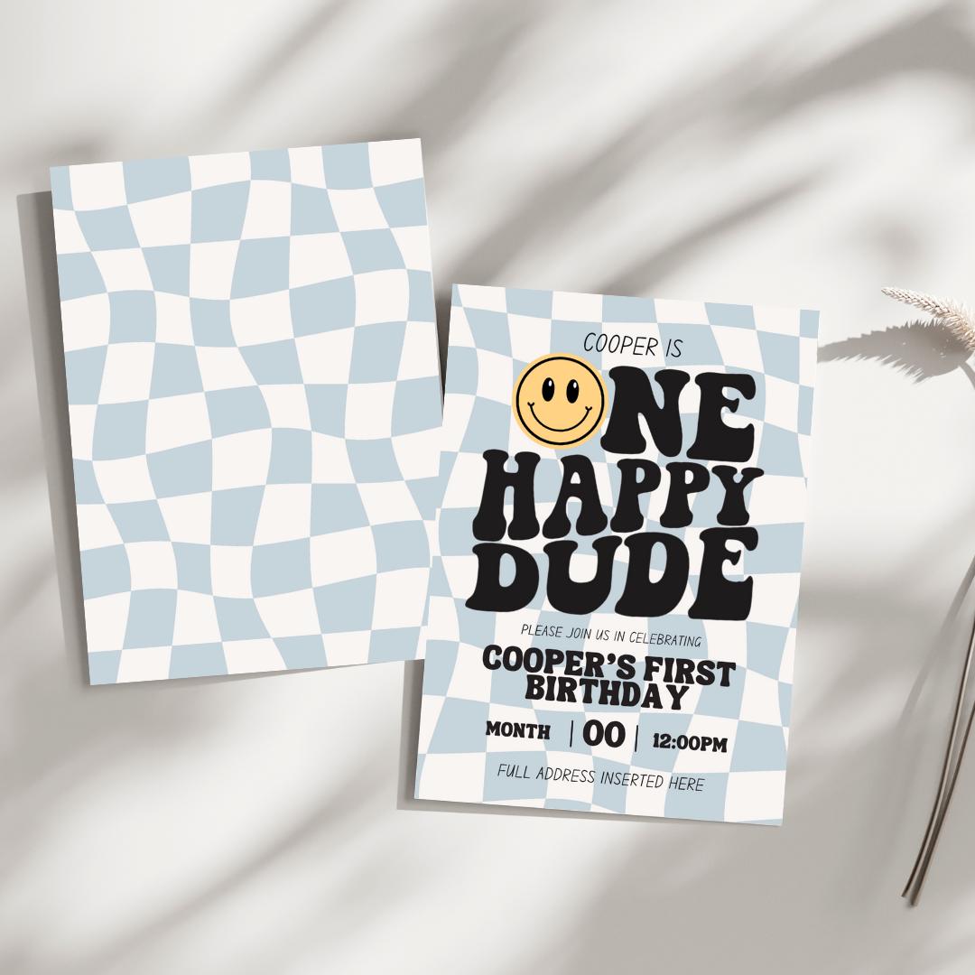 Editable One Happy Dude First Birthday Invitation - Customizable Digital Download Cool Boy 1st Birthday Invite Minimal, Instant Download