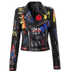 Women’s Black Leather Biker Jacket – Hand-Painted Custom Design – Unique Moto Style Coat – Gift for Her – Real Leather Jacket