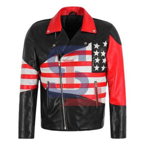 American Flag Leather Biker Jacket: Handmade Cowhide USA Patriotic Coat