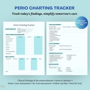 May include: A two-page Perio Charting Tracker document with light blue headers. The left page includes patient information, clinical findings, and areas to monitor. The right page features home-care, re-eval, and treatment plan assessments.