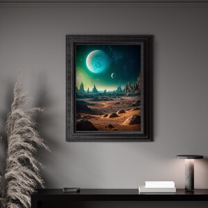 Stampa murale "Pianeta a spirale verde nel deserto" / Stampa spaziale aliena turchese nel cielo / Poster opaco di qualità premium / Spedizione gratuita