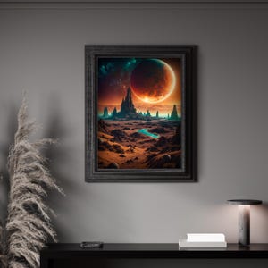 Oranges Alien Planeten Poster: Dramatische Wüstenlandschaft, Sci-Fi Wand Kunst