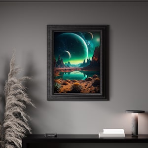 Grün Türkis Alien Planetendruck: Sci-Fi Landschaft Poster