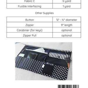 May include: A black and white polka dot utility apron with multiple pockets for carrying items like a phone, keys, and a pen. The apron is made from fabric and has a zipper closure. The fabric requirements and other supplies needed to make the apron are listed in a table above the apron. The table lists the fabric types, yardage, and other supplies needed to make the apron. The text at the bottom of the image reads "craftystaci.com @craftystaci #staciwquilts #craftyutilityapron &copy;Staci W Creative LLC | Duplication of any kind prohibited".