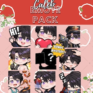 以下が含まれることがあります： 赤色の背景に、Caleb Emote Packのグラフィックのコレクション。 パックには、黒髪と紫色の目を持つキャラクターのさまざまなチビスタイルのイラストが含まれており、それぞれ異なるポーズと表情をしています。 テキストには「Hi！」と「Bonus Mystery！」が含まれています。