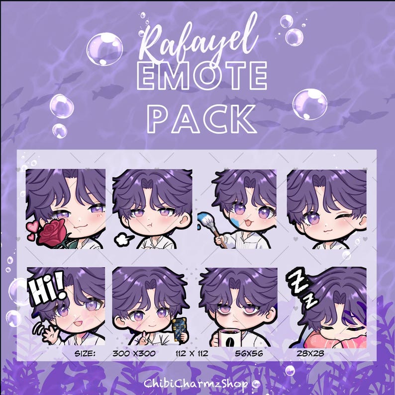 Rafayel emote pack, fan art inspired by the game Love and Deepspace. A grid image showing 8 kawaii chibi emotes for Twitch and Discord. Emotes include Rafayel holding a rose, pouting, holding a paintbrush, winking, waving 'Hi!', holding a phone, looking tired with coffee, and sleeping.