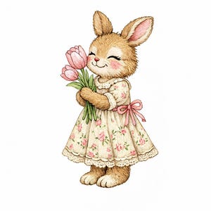 May include: A charming watercolour illustration of a rabbit holding pink tulips. The rabbit is dressed in a floral dress with a pink bow. The image has a soft, whimsical style, suitable for children's decor or spring-themed crafts.