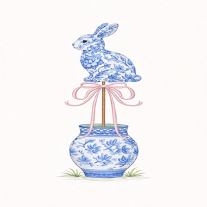 Puede incluir: Un topiario de conejo floral azul y blanco con un lazo rosa, colocado sobre un jarrón a juego. El conejo y el jarrón presentan un patrón floral azul y blanco clásico. El topiario es un encantador acento decorativo.