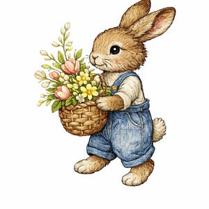 May include: A watercolour illustration of a brown rabbit in blue denim dungarees and a white shirt, carrying a woven basket of pink, yellow, and white flowers. The rabbit is walking, with its ears pricked.