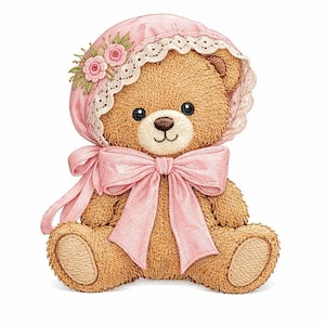 May include: A brown teddy bear wearing a pink bonnet with lace trim and floral accents. The bear has a large pink bow at its neck and is sitting with its legs extended. The image is a detailed illustration with a soft, textured appearance.