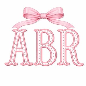 May include: Pink decorative letters ABR with a matching pink bow on top. The letters have a scalloped edge and are dotted with small white circles. The background is white.