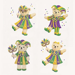 May include: Four teddy bears dressed in Mardi Gras costumes. Each bear wears a jester hat or mask, and a dress or outfit in purple, green, and gold. Confetti is scattered around the bears.