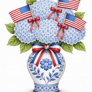 May include: A floral arrangement in a decorative vase. The bouquet features light blue hydrangeas, green leaves, and small American flags. The vase is white with blue floral patterns and a red, white, and blue bow.