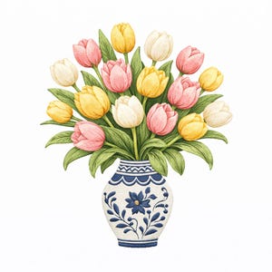 May include: A watercolor illustration of a bouquet of tulips in a decorative vase. The tulips are in shades of pink, yellow, and white, with green leaves. The vase is white with blue floral designs.