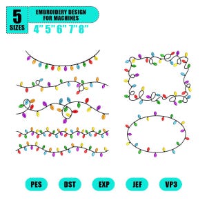 Peut inclure: Un motif de broderie pour machines avec des guirlandes lumineuses colorées dans divers arrangements. Le design comprend cinq tailles : 10.16 cm, 12.7 cm, 15.24 cm, 17.78 cm et 20.32 cm. L'image affiche également les formats de fichiers : PES, DST, EXP, JEF et VP3.
