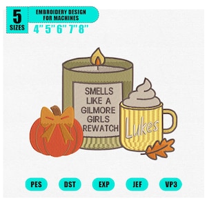 May include: Embroidery design with a pumpkin, candle with text "Smells Like a Gilmore Girls Rewatch", and a mug with "Lukes". Sizes include 10cm, 13cm, 15cm, 18cm, and 20cm.