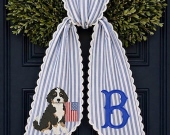 Personalized Monogram Wreath Sash, Embroidered Dog, American Flag, Patriotic Americana Door Hanger, Personalized Initial Decor