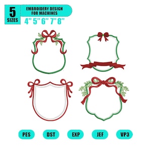 May include: An embroidery design for machines featuring five different frame designs. Each frame is a different shape, with red bows and green accents. The sizes are 4", 5", 6", 7", and 8". The design is available in PES, DST, EXP, JEF, and VP3 formats.
