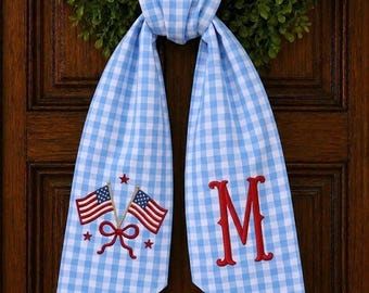 Custom Patriotic Wreath Sash: Embroidered Flags with Monogram Door Decor