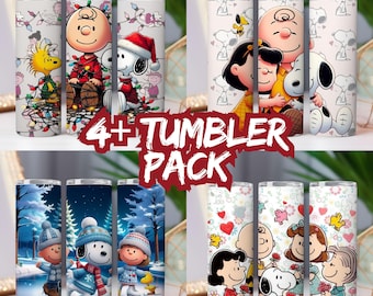 Paquete de 4 envoltorios PNG para vasos: adorables personajes de dibujos animados de invierno, fiestas y amistad, arte de sublimación para vasos de 20 oz